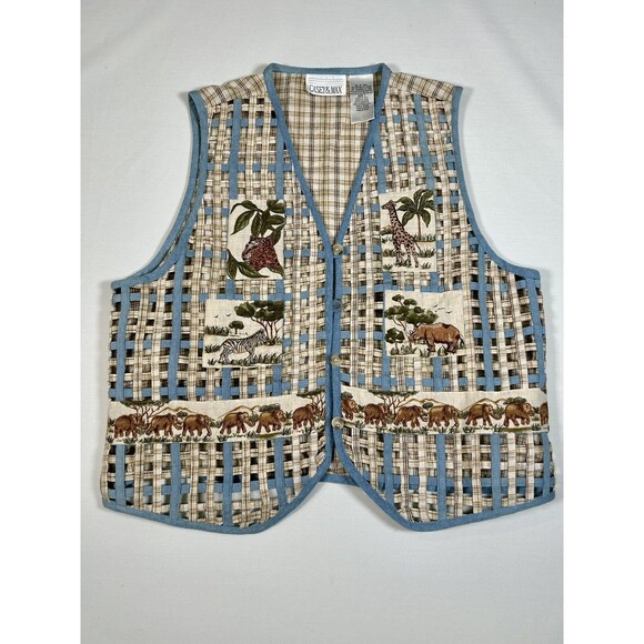 VTG Casey And Max African Safari Plaid Lattice Animal Motif Vest Womens SZ Large - Picture 9 of 14